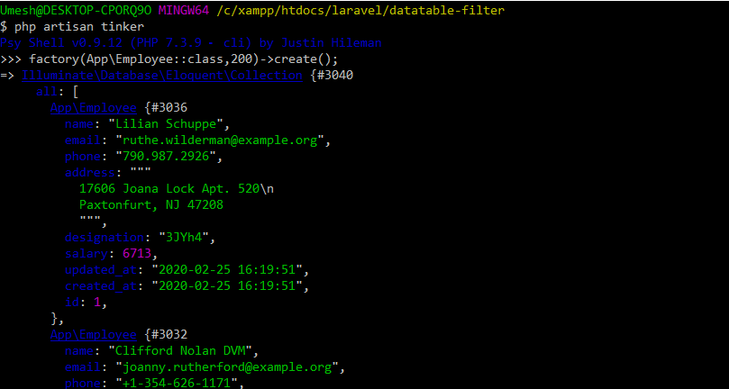 Tinker Factory - Employee Table - DataTable Filter