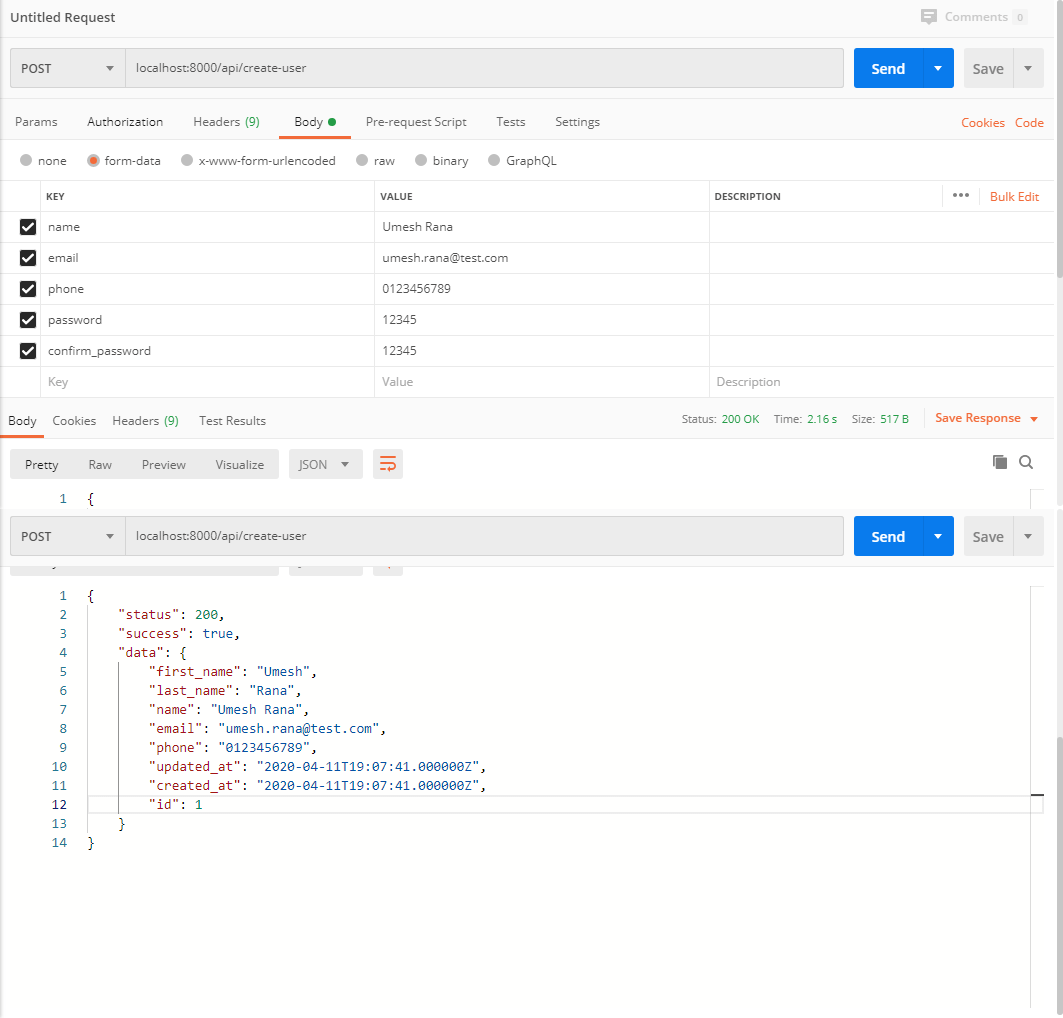 User Sign Up API Response