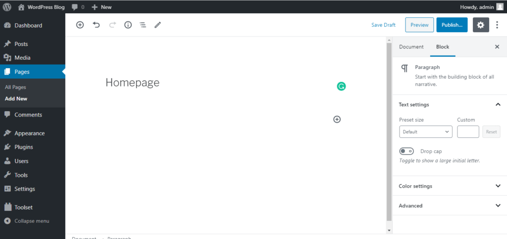 Create new page in wordpress for custom post types