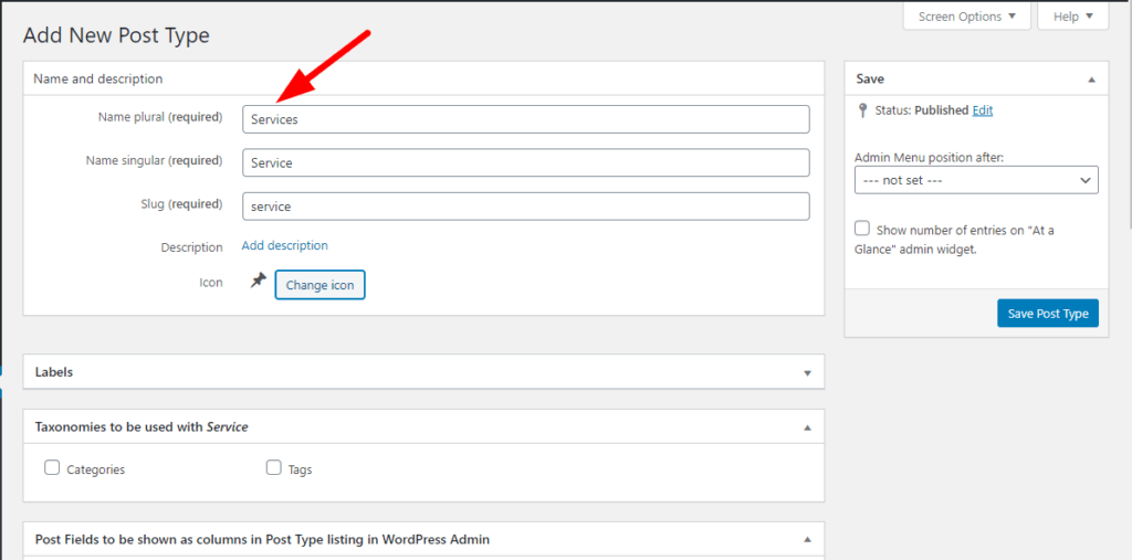 Create post type of service