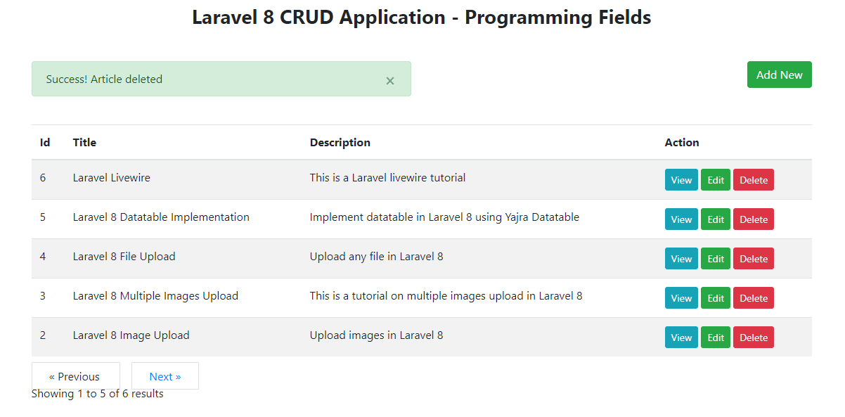 Laravel 8 CRUD App - Article Deleted Successfully