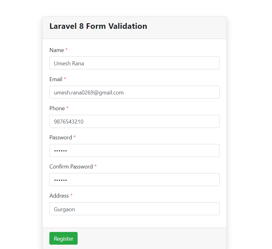 Registration Form with Filled Detail